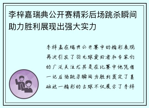 李梓嘉瑞典公开赛精彩后场跳杀瞬间助力胜利展现出强大实力