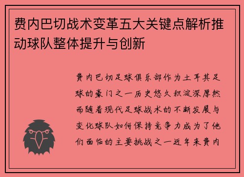 费内巴切战术变革五大关键点解析推动球队整体提升与创新