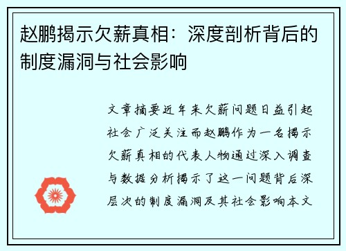 赵鹏揭示欠薪真相：深度剖析背后的制度漏洞与社会影响